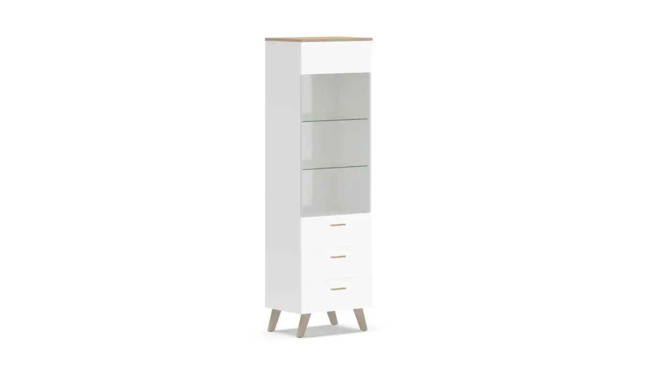 Шкаф однодверный с ящиками и стеклом Helmi, цвет Гикори кингстон+Белый блеск фото - 1 - большое изображение